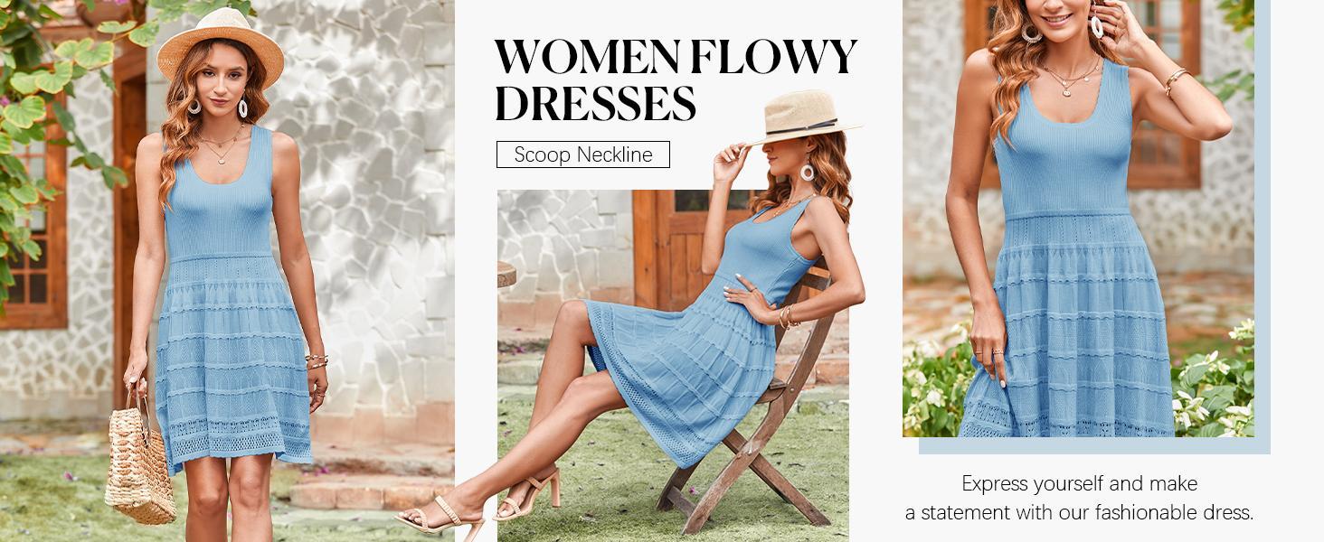 Imily Bela Womens Summer Mini Dresses Casual Crewneck Knitted Crochet Hem Flowy Tank Sundress  Sleeveless sundress prom dress
