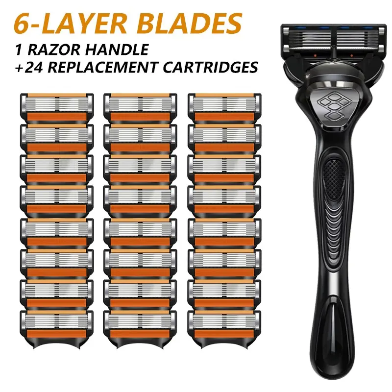 Men's Manual Razor Set, 1 Handle with 24 Replaceable Blades, Sharp and Durable, Easy to Clean, Facial Shaving Tool, Shaving Razors, Stainless Steel Material
