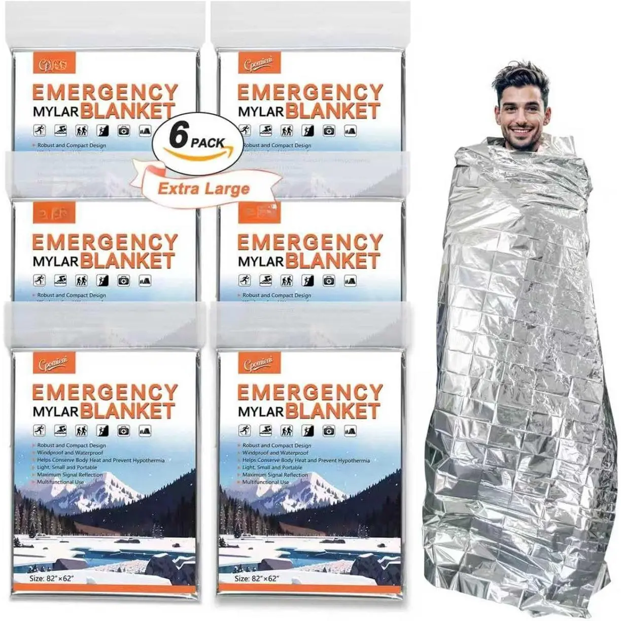 6 Pack - Large 82” x 62”   Mylar Thermal Blankets, Thermal  Blanket  for Camping, Hiking,  Insulation, Outdoors,   Kit,  Out Bag