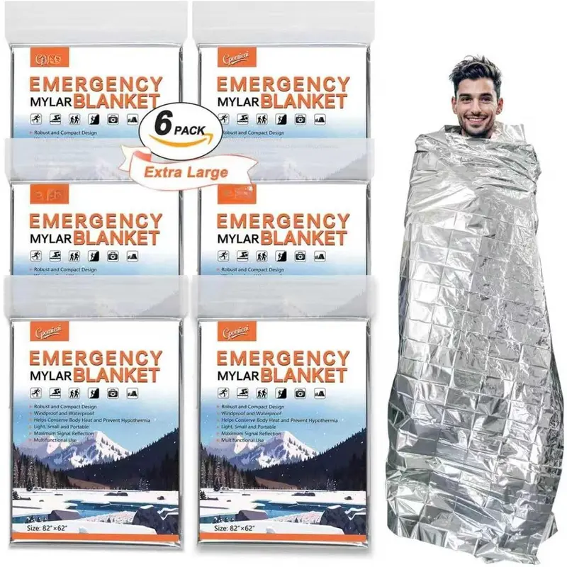 6 Pack - Large 82” x 62”   Mylar Thermal Blankets, Thermal  Blanket  for Camping, Hiking,  Insulation, Outdoors,   Kit,  Out Bag