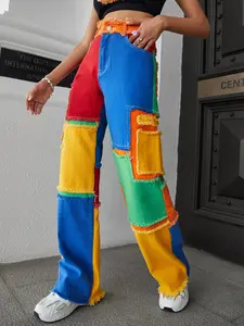 Rainbow Patchwork Frayed Wide-Leg Jeans, American Y2K Streetwear Colorblock Patch Long Pants, Trendy Fashion Denim Bottoms