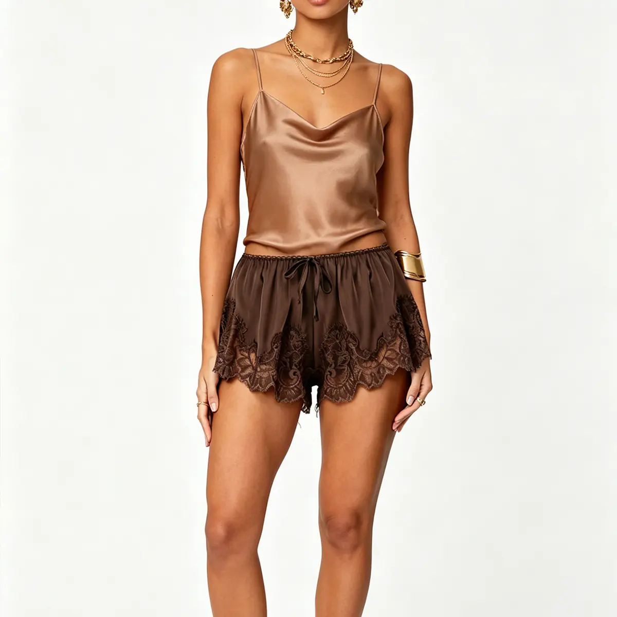 Women's Silky Lace Trim Low-Rise Tiered Layer Plain Above-Knee Pull-On Satin Lounge Shorts - Chic Womenswear Bottom for Fall Winter Summer OOTD