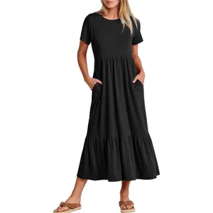 Women Summer Casual Short Sleeve Crewneck Aline Swing Flowy Tiered Shirt Maxi Beach Long Dress 2025 Outfits