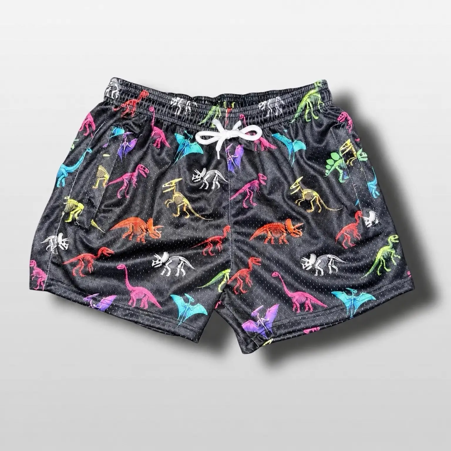 5" Inseam Mesh Shorts - Dinosaur Themed Design - Athletic stretchy material breathable for workouts or just casual wear