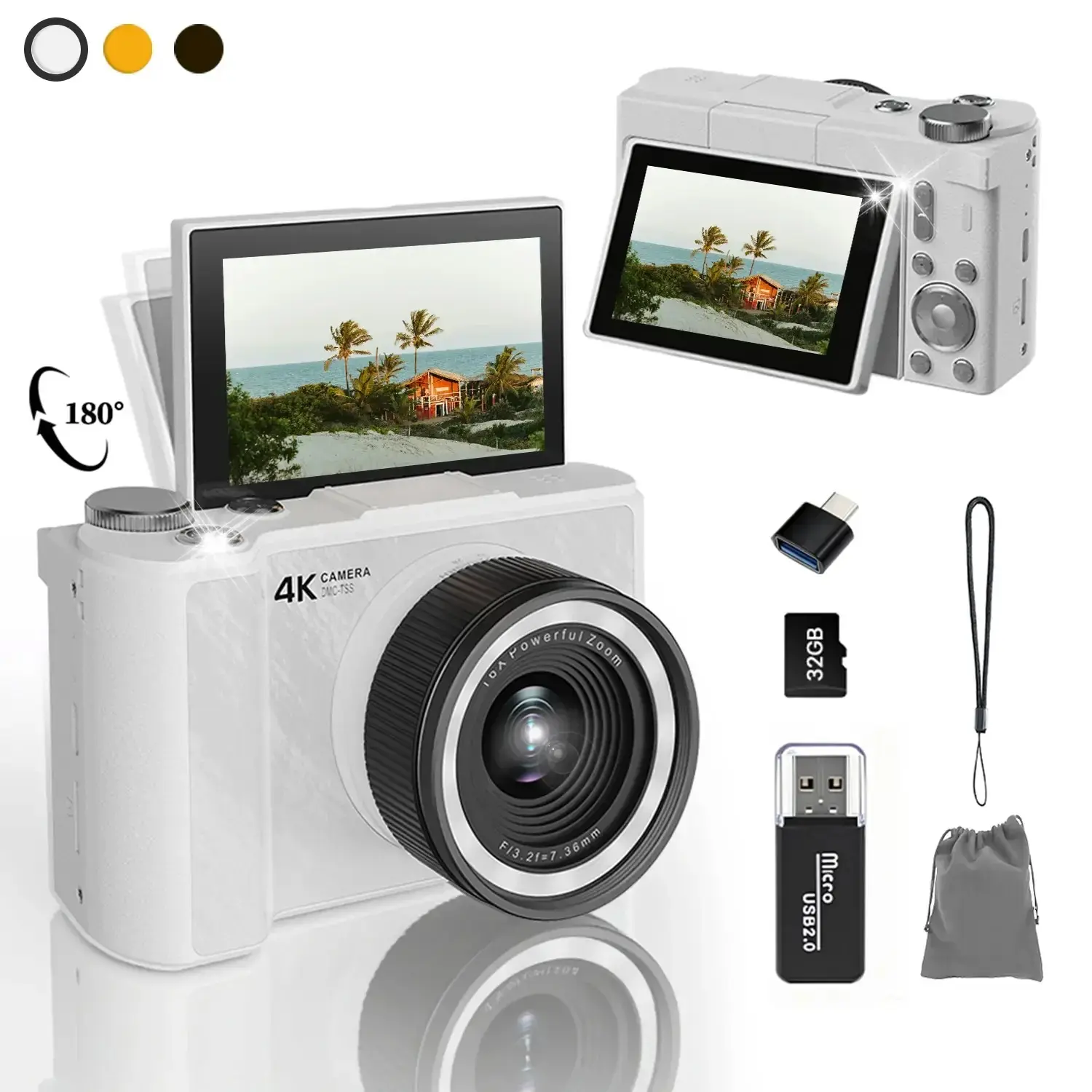 Digital Camera with Flash, Vlog Camera, 16x Optical Zoom, 180° Flip Screen, 48mp, 32GB SD Card, Portable, Beginner Friendly
