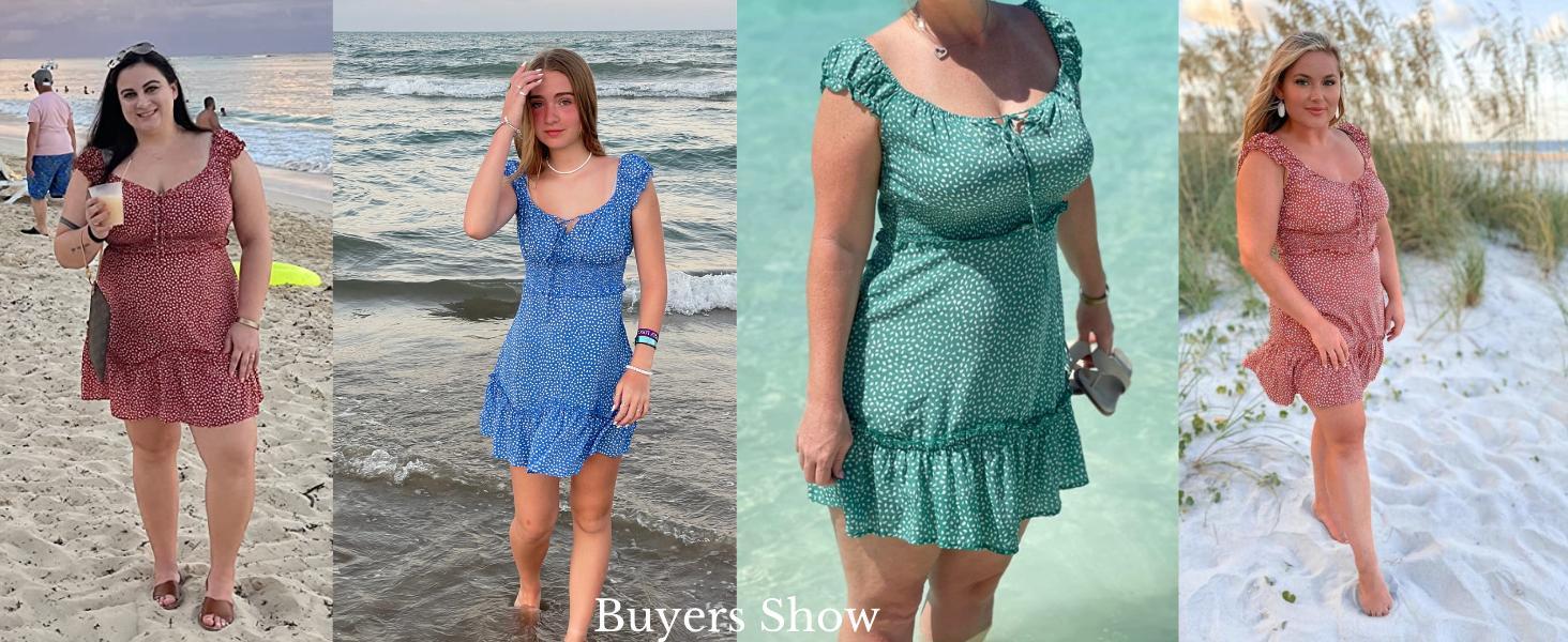 Beotyshow Women's Summer Ruffle Sleeve Sweetheart Neckline Printing Dress Mini Dress