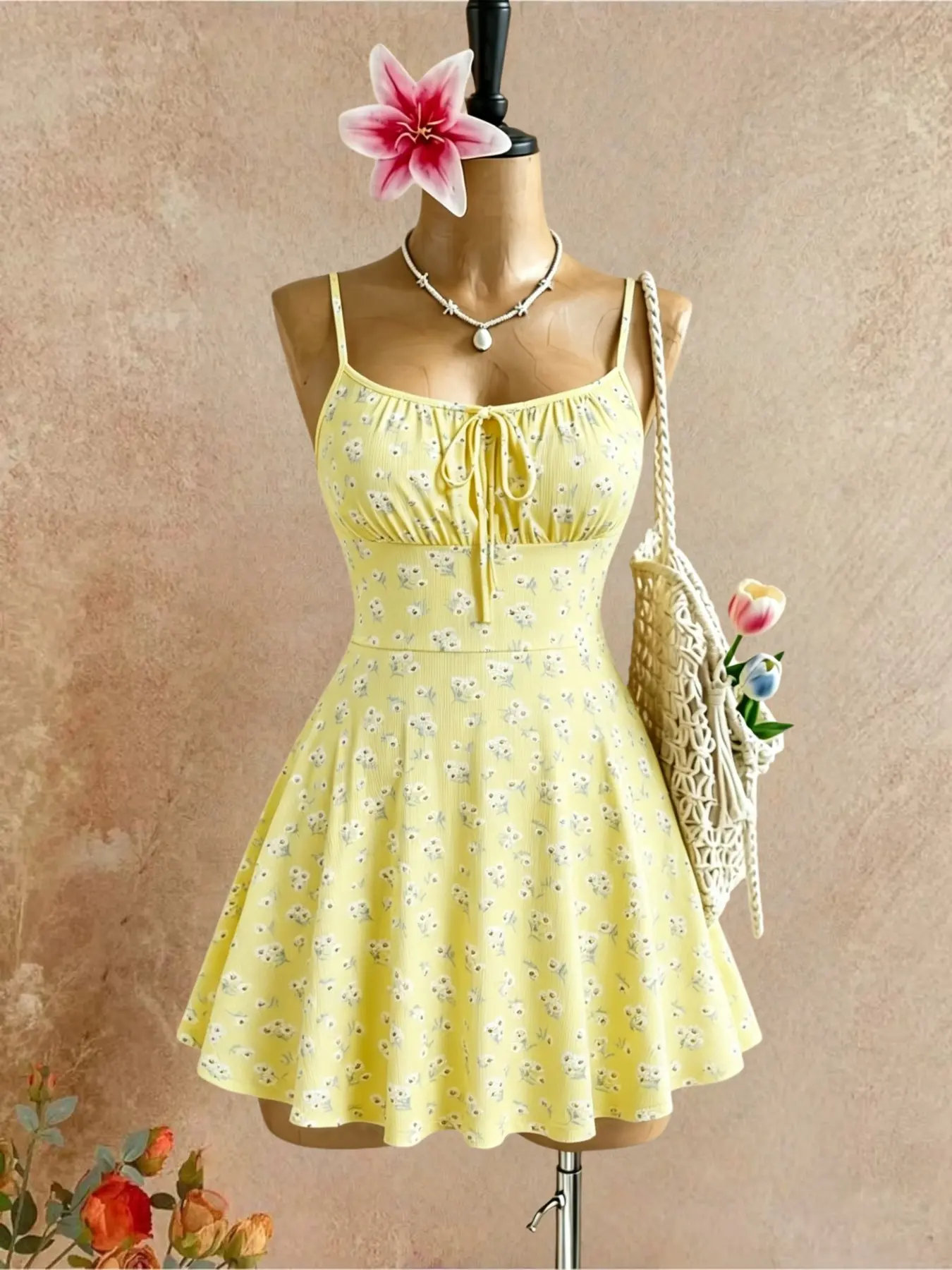 Women's Floral Print Mini Dress, Adjustable Thin Straps, Front Tie High Waist A-Line Dress, Holiday Beach Dress, Fashionable and Comfortable