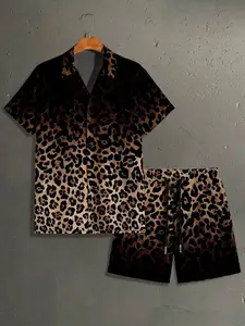 Men's Leopard Print Graphic Shirt and Shorts Set Outfit, Fashionable Casual Comfort Fit, Perfect for Daily Leisure Activities, Versatile Men's Clothing