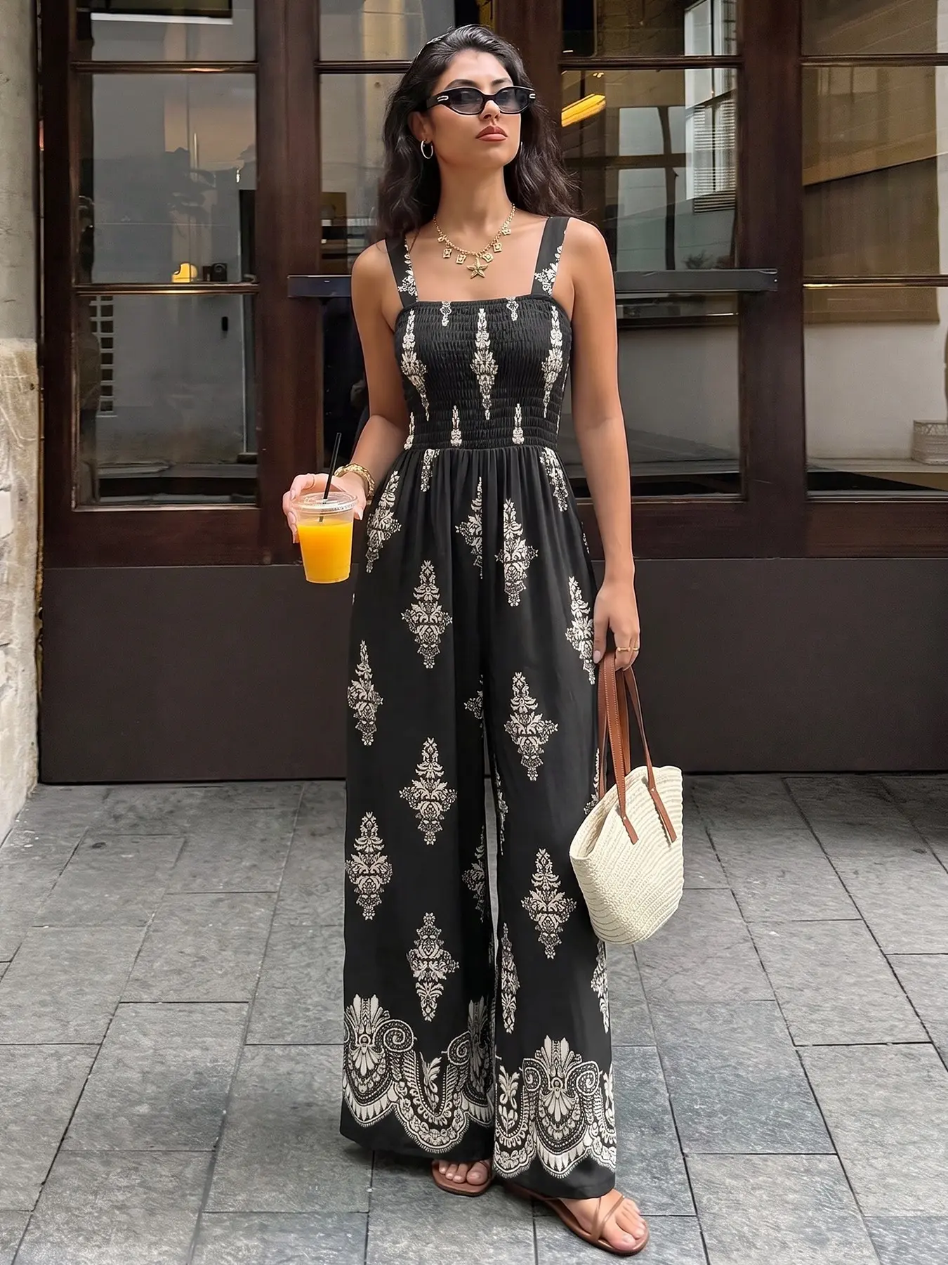 Womens Square Neck Spaghetti Strap Boho, Chic Jumpsuit Smocked Backless Floral Motifs Print High Waist Wide Leg Palazzo Vacation Casual Sleeveless One Piece Flowy Summer Beach Resort Jumpsuit #jumpsuit #onepieceoutfit #weekendoutfit #fashiontiktok