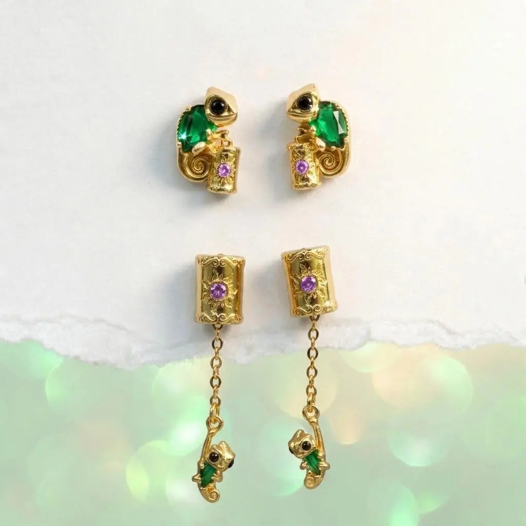 1Pair Whimsical Chameleon Stud Earrings for Women Green Zircon Lizard Earrings Purple Sun Totem Long Stud Earring Jewelry