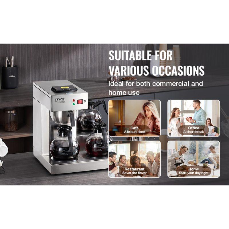 VEVOR 12 Cups Commercial Drip Coffee Maker, Coffee Maker Machine with 3 Glass Carafes and 3 Warmer Plates, Stainless Steel Pour Over Coffee Brewer with Auto Water Intake, for Restaurant Office Cafe