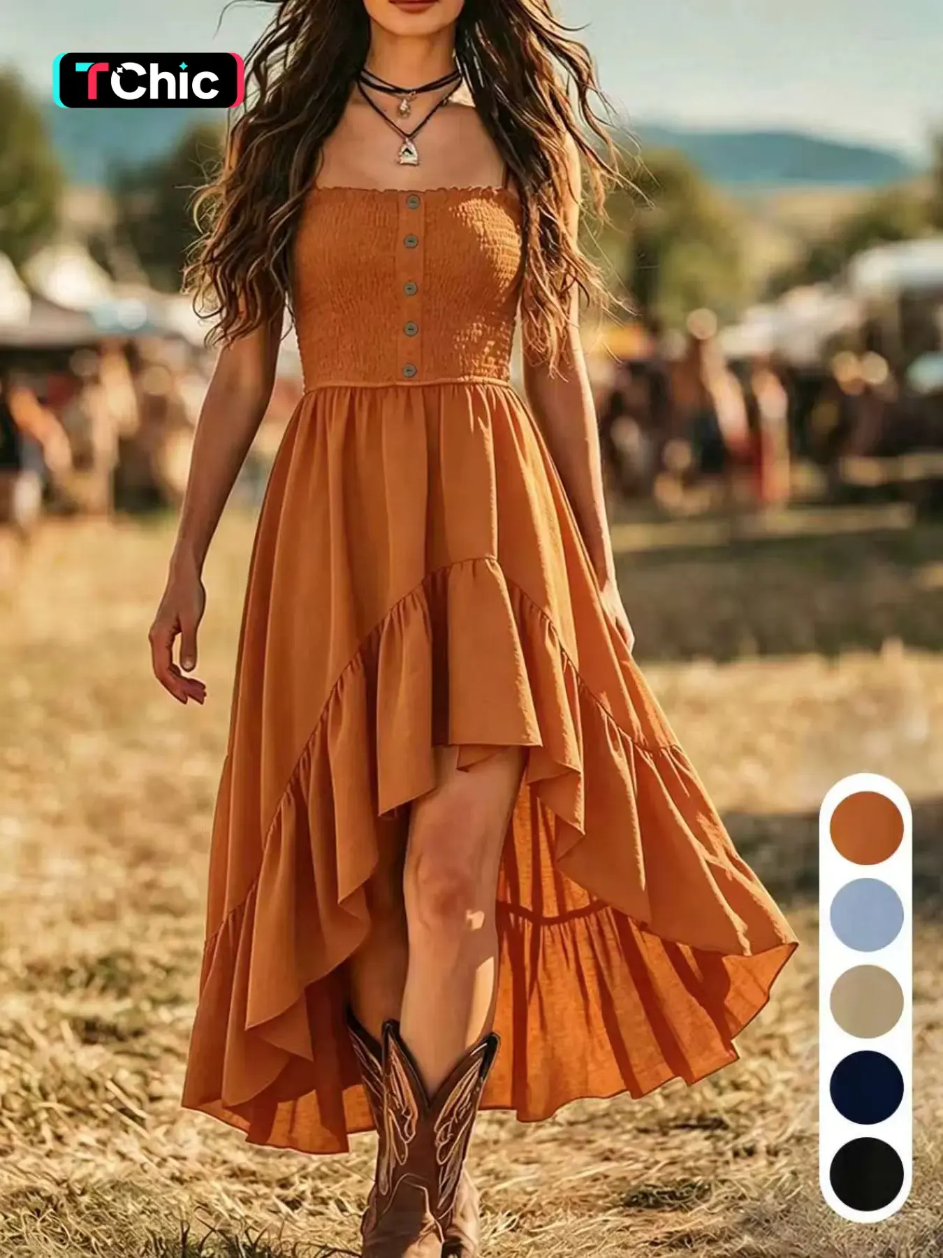 Western Style Casual Strapless Sleeveless Long Dress, Asymmetrical Ruffle Hem, Boho Bohemian Festival Dress, Summer Midi Dress, High Waist Slim Fit