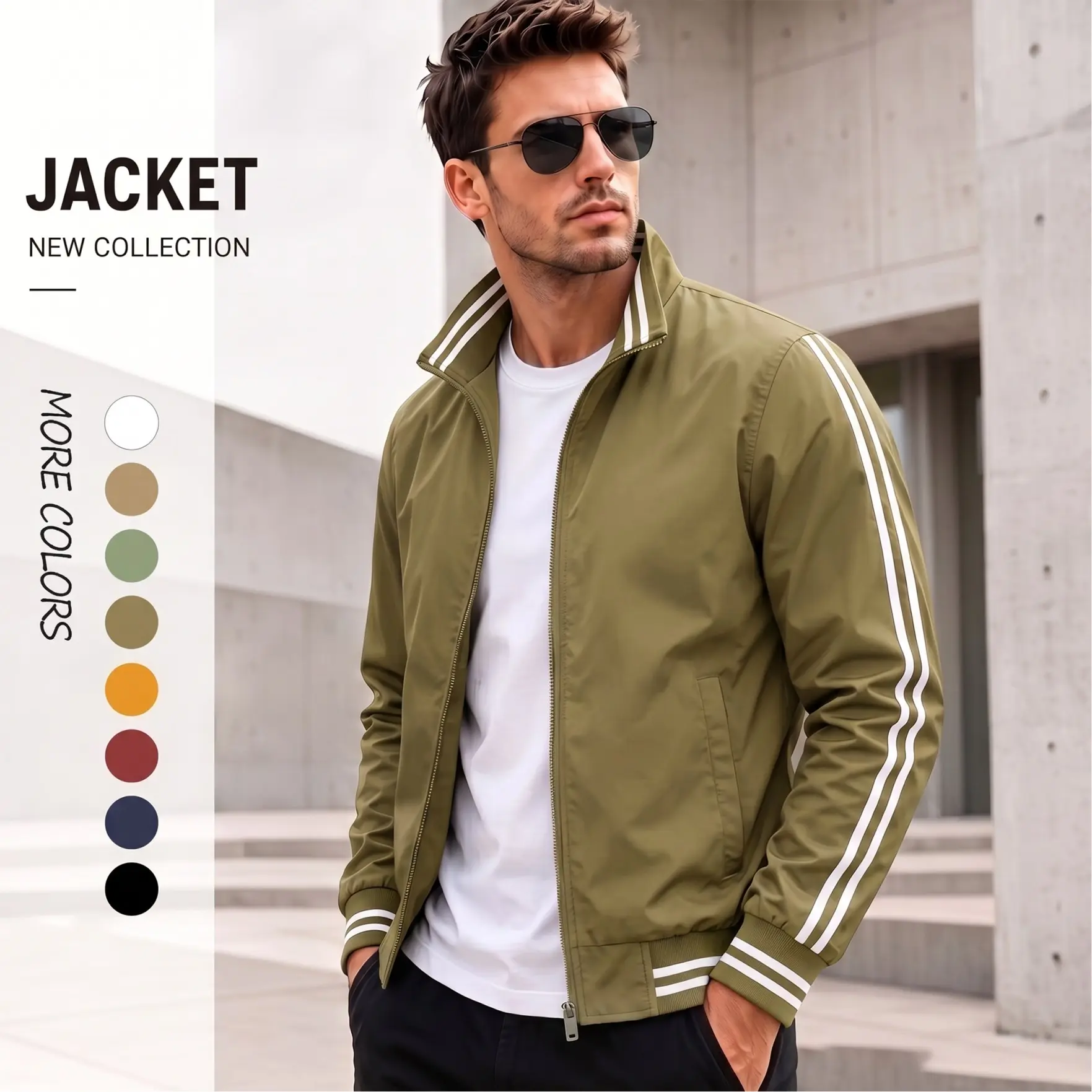 Men’s Thin Lightweight Classic Bomber Pilot Jacket - Striped Sleeves, Ribbed Hem & Cuffs, Lightweight Fabric, Zip-Up Front Casual Wear Outerwear