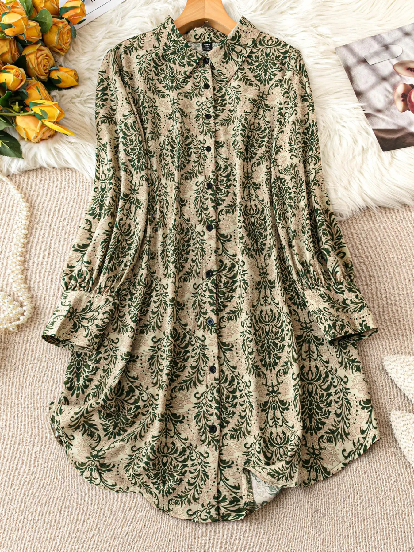Plus Size Women's Lapel Long Sleeve Retro Plant Pattern Shirt Skirt, Loose Fit Flattering Body Shape, Casual Office Wear