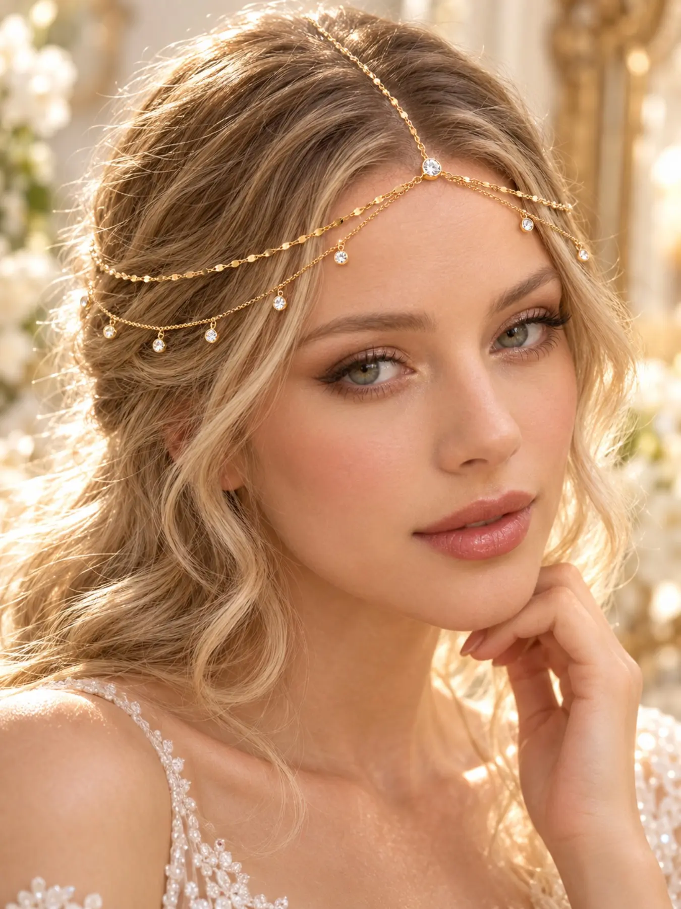 1PC Gold Tone Layered Head Chain for Women, Sparkling Clear Accent Forehead Jewelry, Adjustable Boho Bridal Headpiece for Wedding, Bridesmaid Gift and Christmas Party