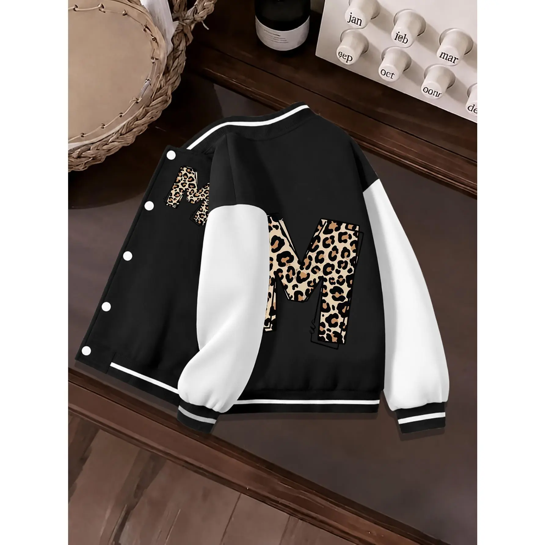 4-14-Year-Old Boys And Girls Baseball Jacket Leopard Letter M Printed Leisure And Comfortable Multifunctional Jacket for Boys And Girls, Joker Style Home Travel to School Essential