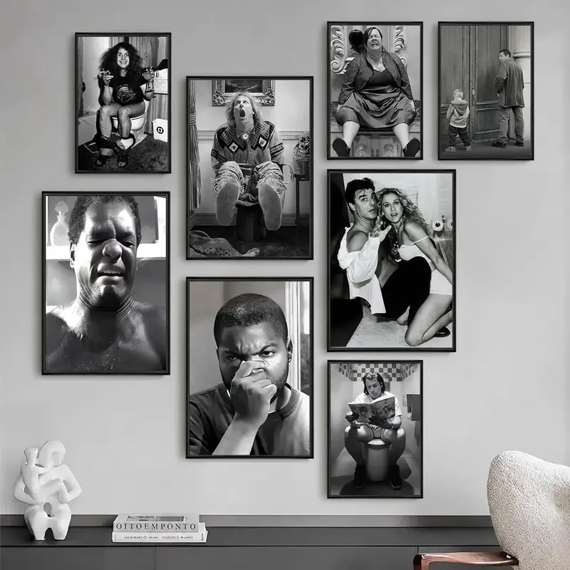 Framed Vintage Black-White Movie Print - Funny Bathroom Decor, Humorous Toilet Wall Artwork, Unique Artwork for Walls, Him Gift House Supplies, Funny Decoration