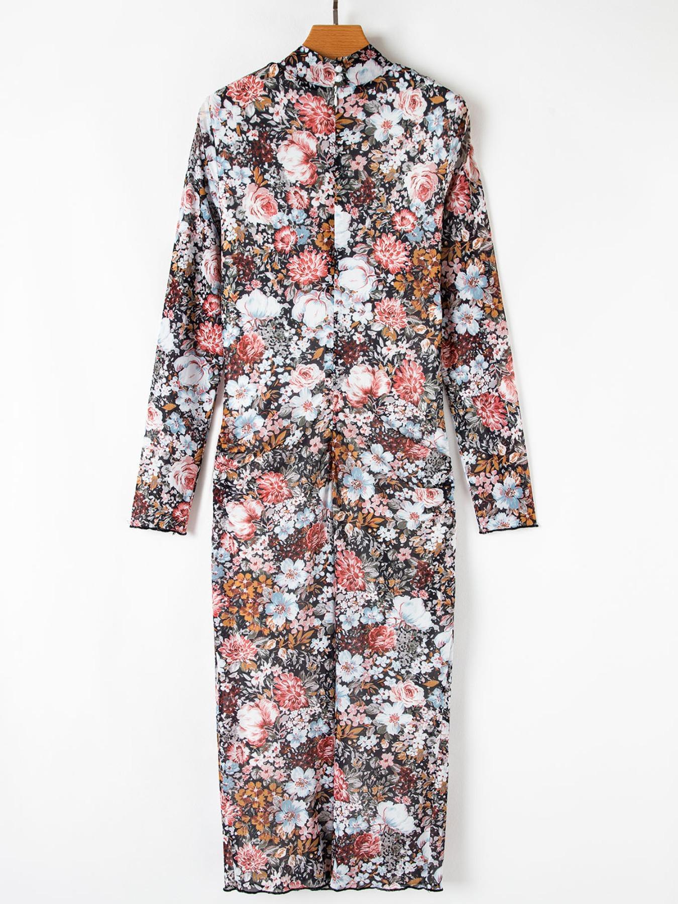 Women's Ditsy Floral Print Long Sleeve Bodycon Casual Chic Fitted Dress, Elegant Fashion Casual Dress for Daily Outdoor Wear, Women Dress for All Seasons