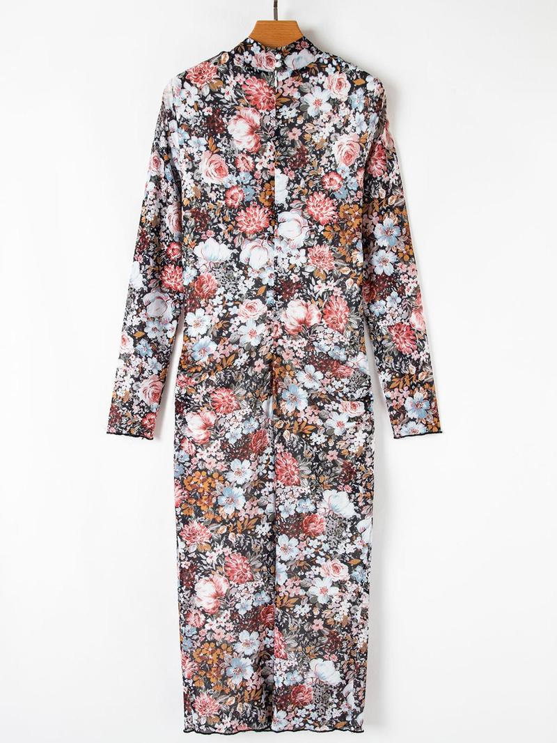 Women's Ditsy Floral Print Long Sleeve Bodycon Casual Chic Fitted Dress, Elegant Fashion Casual Dress for Daily Outdoor Wear, Women Dress for All Seasons