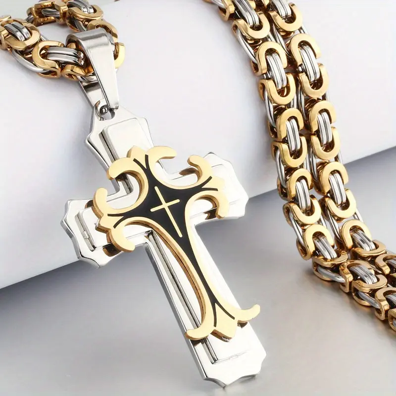 Men's Vintage Flat Handmade Multi-Layer Stainless Steel Necklaces - 38mm*59mm Pendant, 55cm/60cm Cross Chain, Casual Daily Jewelry with Durability and Sleek Finish