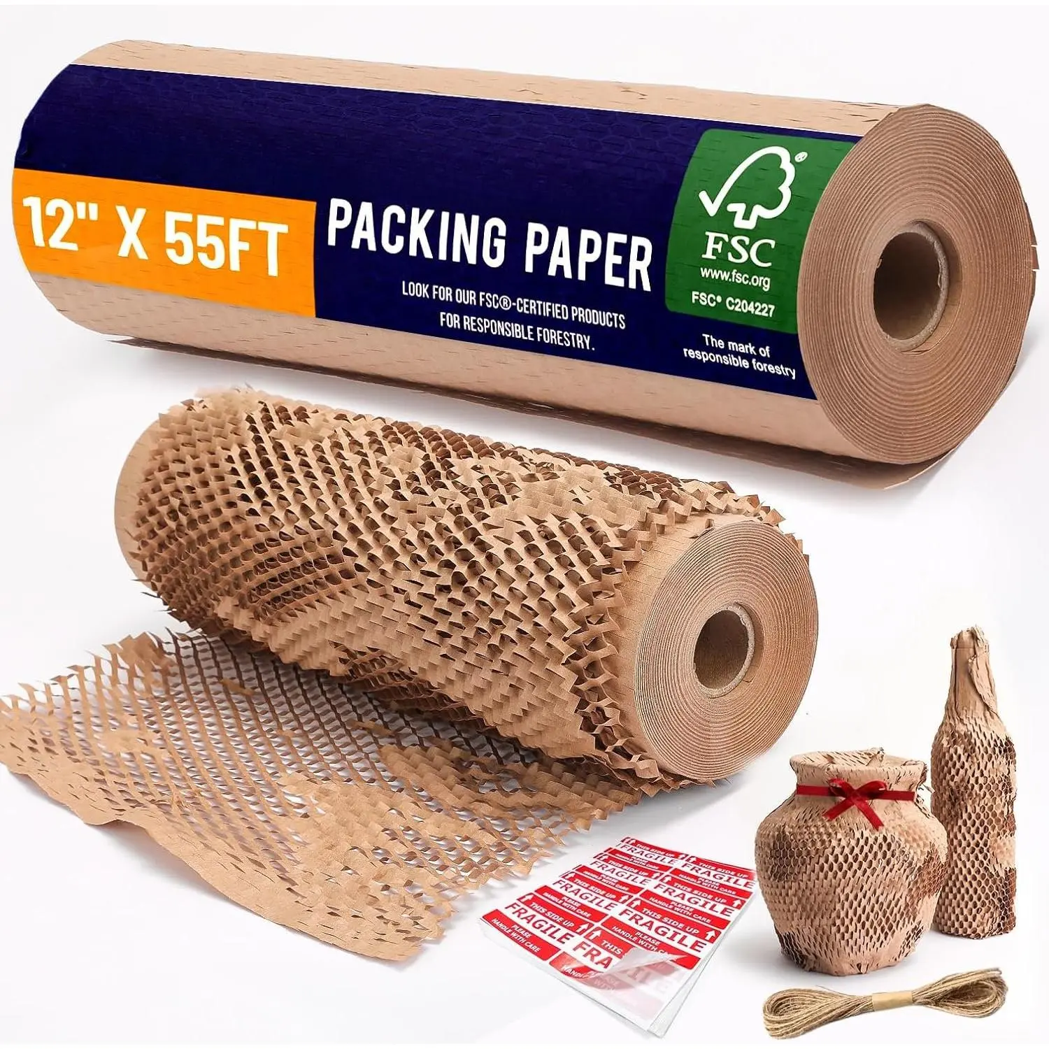 Protective Perforated Tear Recyclable Packing Paper (12"x55ft) with Rope & 20 Fragile Stickers, FSC Certified (C204227), Shipping & Moving Supplies for Small Businesses, Office/Gift Wrapping Needs, Protective Wrap