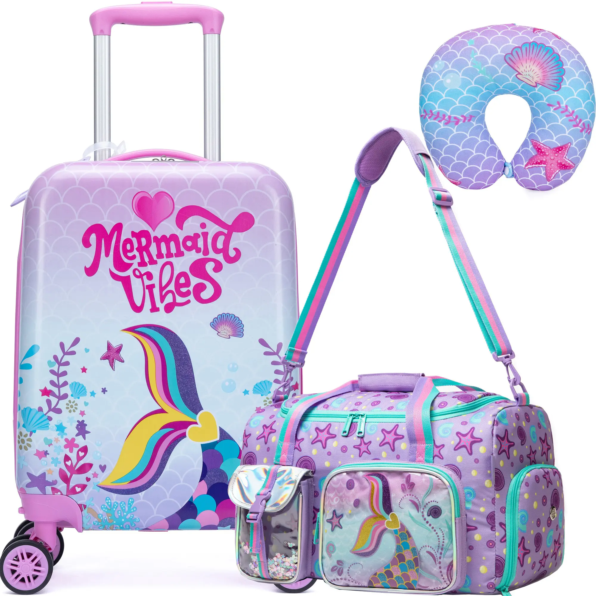 Kids Mermaid Vibes Luggage Set with Duffel Bag & Neck Pillow | Hard Shell Carry On Spinner Suitcase for Girls | Ocean Travel Gear 2026