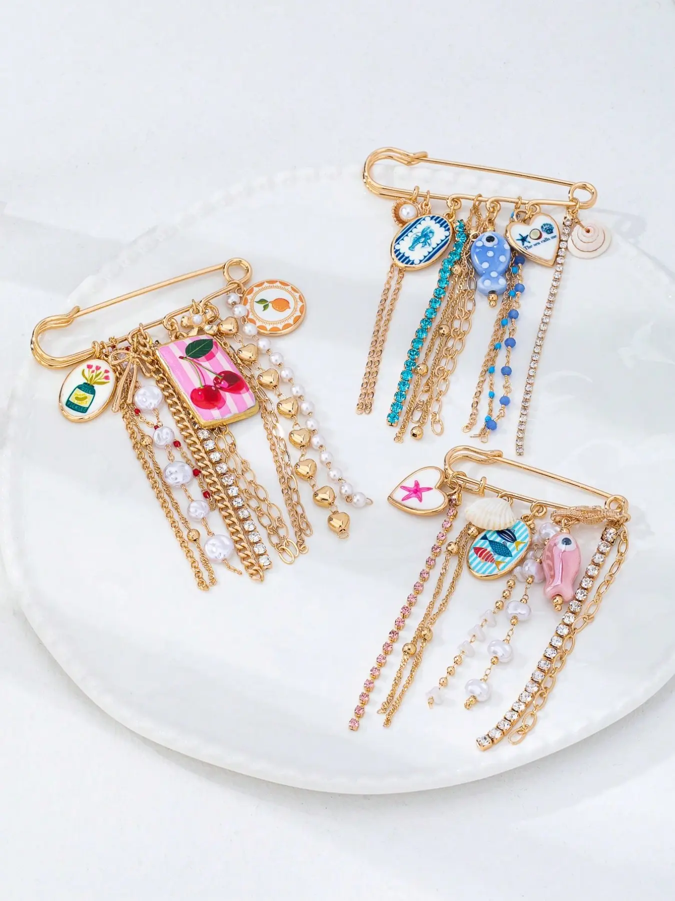 Summer Ocean & Cherry Tassel Brooch Pins Set - Gold Plated Enamel Starfish & Fish Brooches for Women, Lapel Pins, Beach & Fruit Jewelry, Jacket & Sweater Accessory, Tassel Chain Design