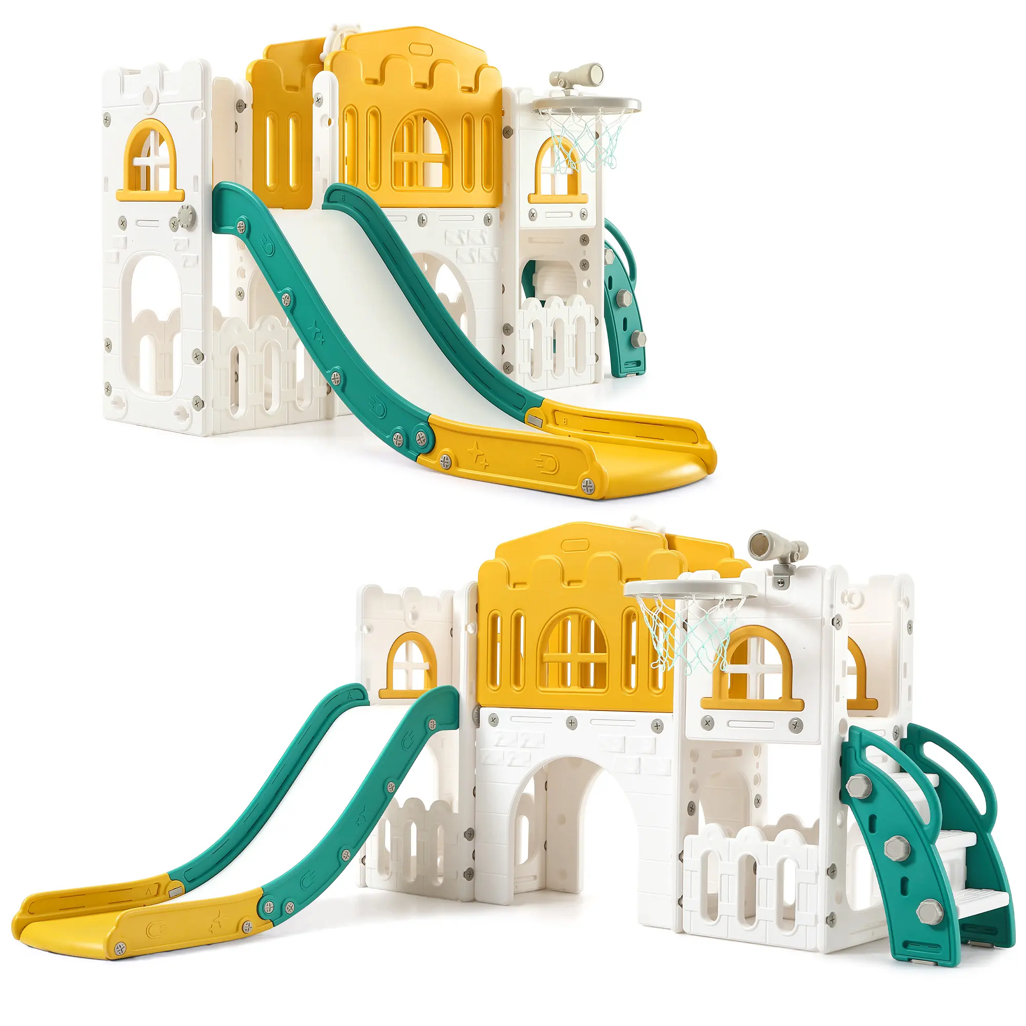 8-in-1 Toddler Castle Slide and Climber Playset - Indoor Outdoor Kids Playground Activity Center with Crawl Tunnel, Basketball Hoop, Telescope, Steering Wheel & Toy Storage
