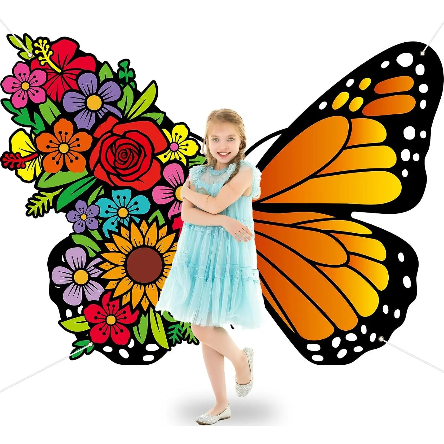 Orange Monarch Butterfly Floral Backdrop Decoration, Butterfly Prop Festive Backdrops & Banners for Women's Birthday Party Photography, Spring Halloween Photo Booth Props Wall, Wing