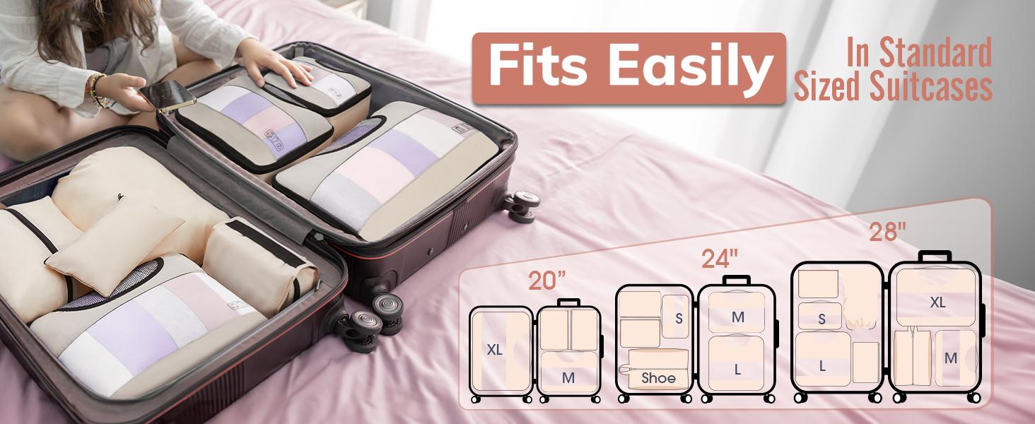 8 Set Packing Cubes for Luggage,Suitcase Organizer in 4 Sizes with Hanging Toiletry Bag and Large Laundry Bag, Carry-On Luggage with Accessories Bag, Cream