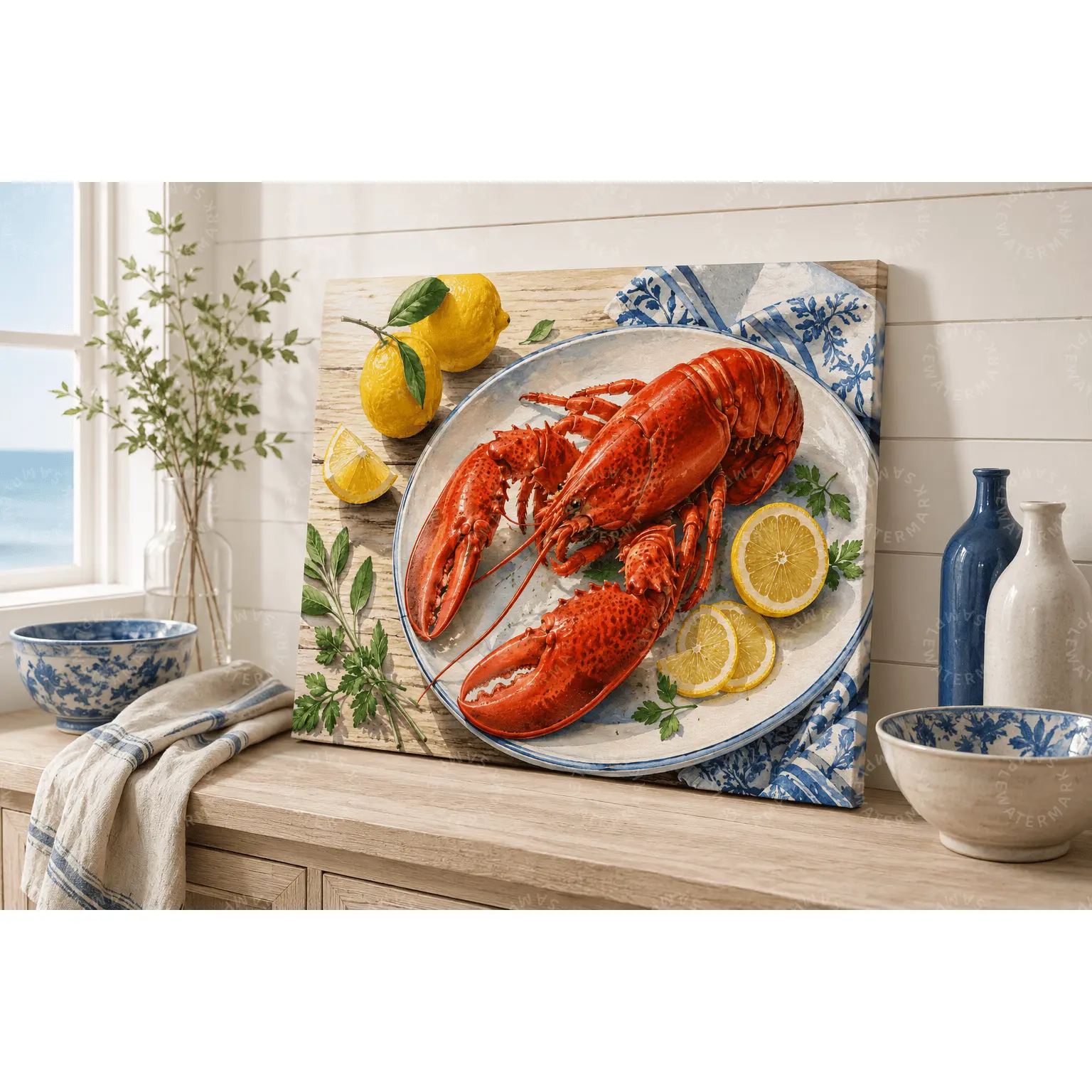 Coastal Lobster Lemon Still Life Canvas Wall Art, Blue White Nautical Seafood Kitchen Poster, Farmhouse Aesthetic Decor for Dining Room Kitchen Living Room, Beach & Food Lover Gift