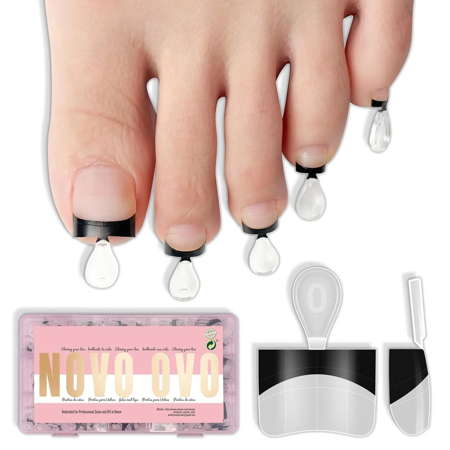 Half Cover Toe Nail Tips, Pre-Designed Black French Tip - 240Pcs Soft Gel False Toenails for Acrylic Pedicure Extension, Square Shape with Auxiliary Line Guide (15 Sizes, Wide Fit)Gift.