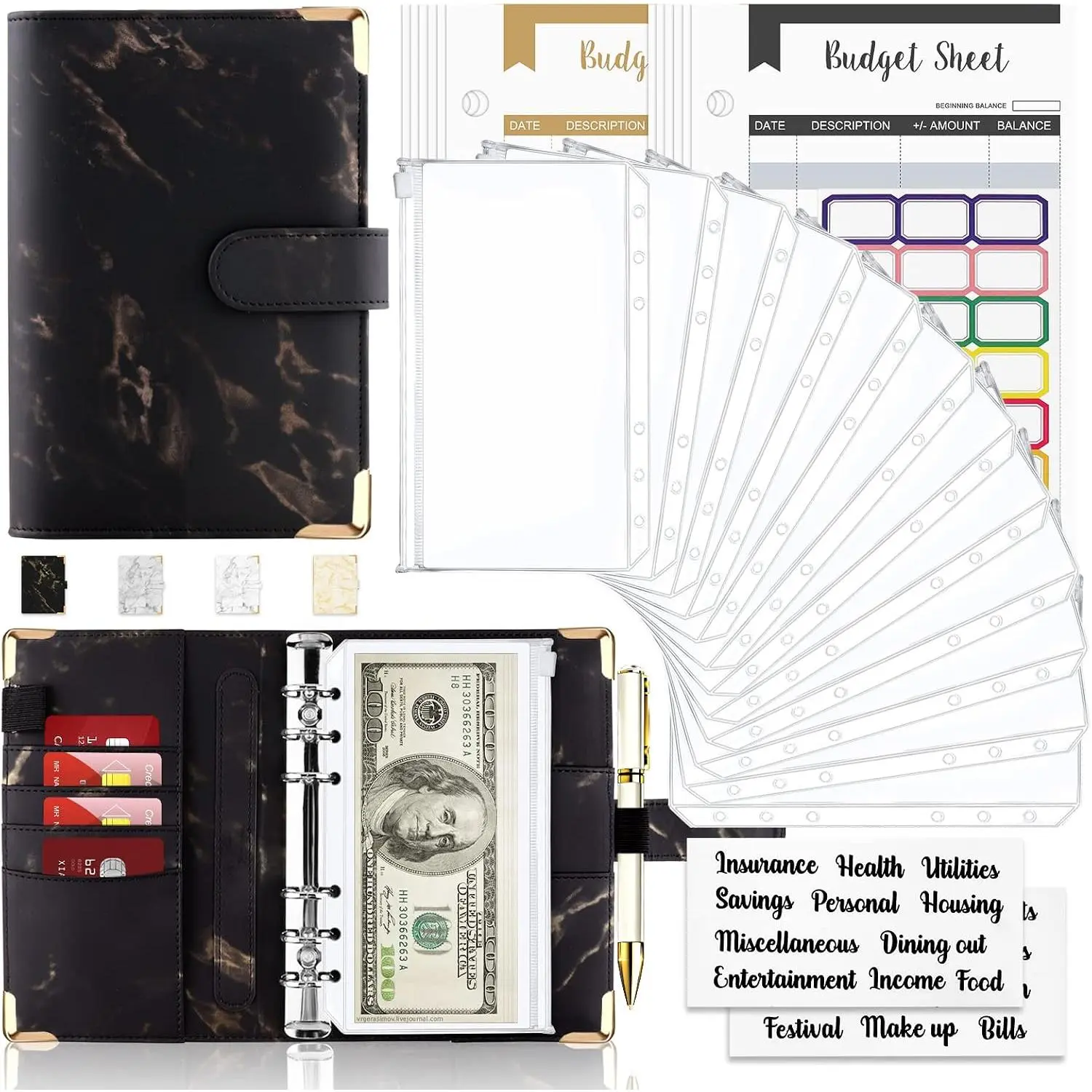 Budget Binder,  Envelopes for Budgeting,  Organizer for , 28 count Budget Binder with  Envelopes, Marble 6-Ring  Saving Binder(Black)