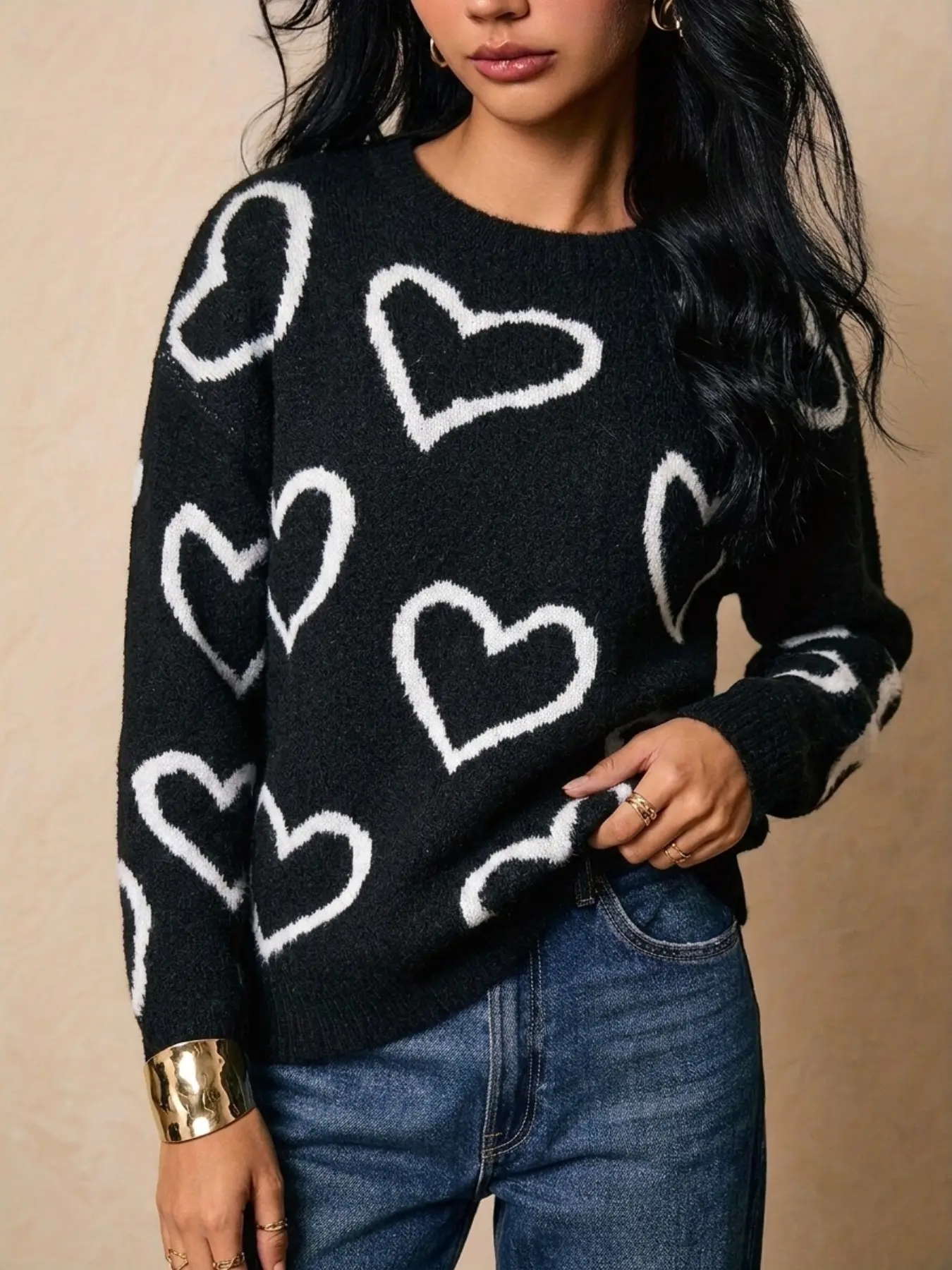 2026 New Women's Soft Warm Loose Heart Pattern Sweater, Petite Commute Shopping Date Younger Knit Top, Fall & Winter Fashion