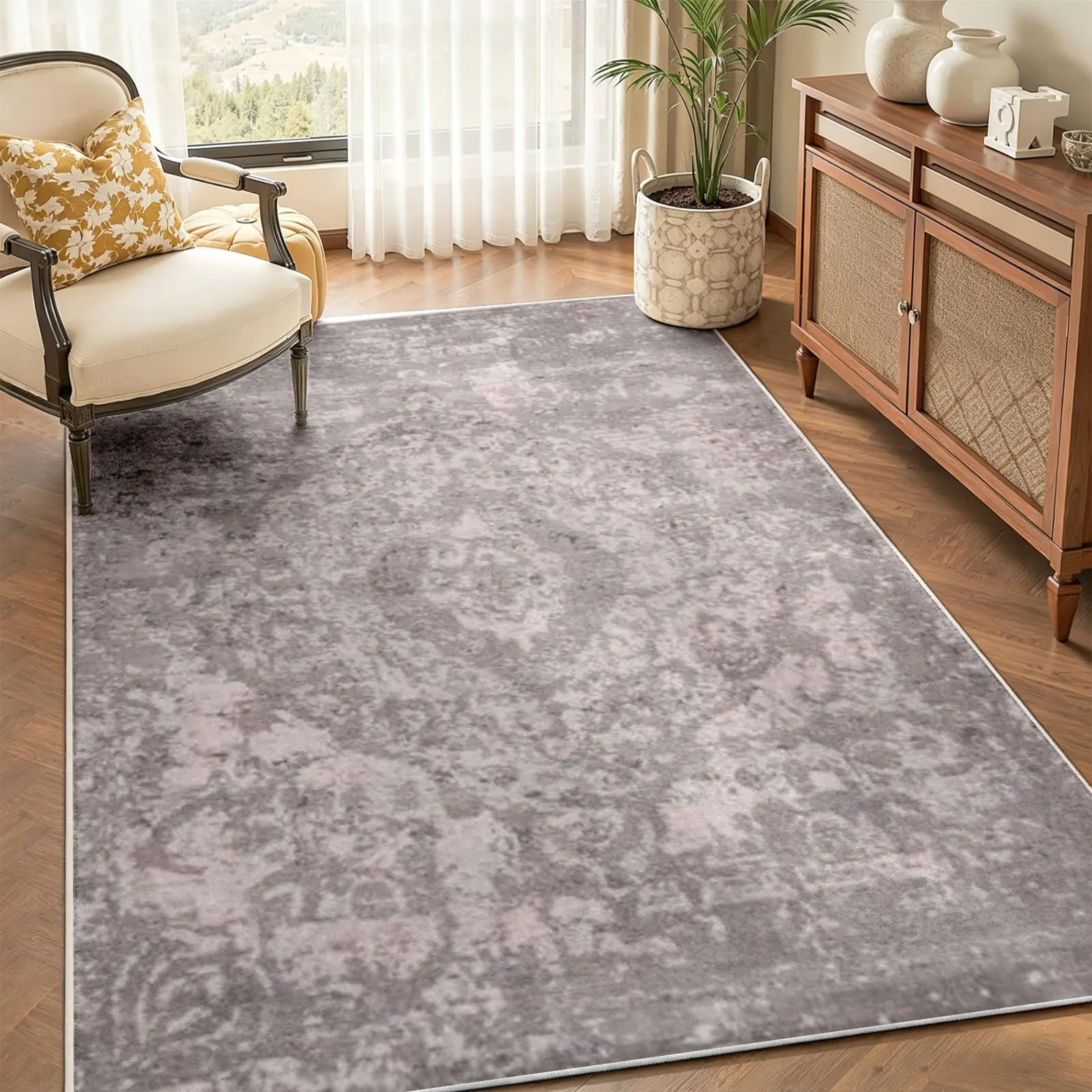 8x10ft Vintage Oriental Faux Cashmere Area Rug, Faded Grey Medallion Pattern, Non-Slip Machine Washable Stain-Resistant Indoor Carpet, Faux Wool Rug for Living Room, Bedroom, Home Office Decor (Multi-Size Options)