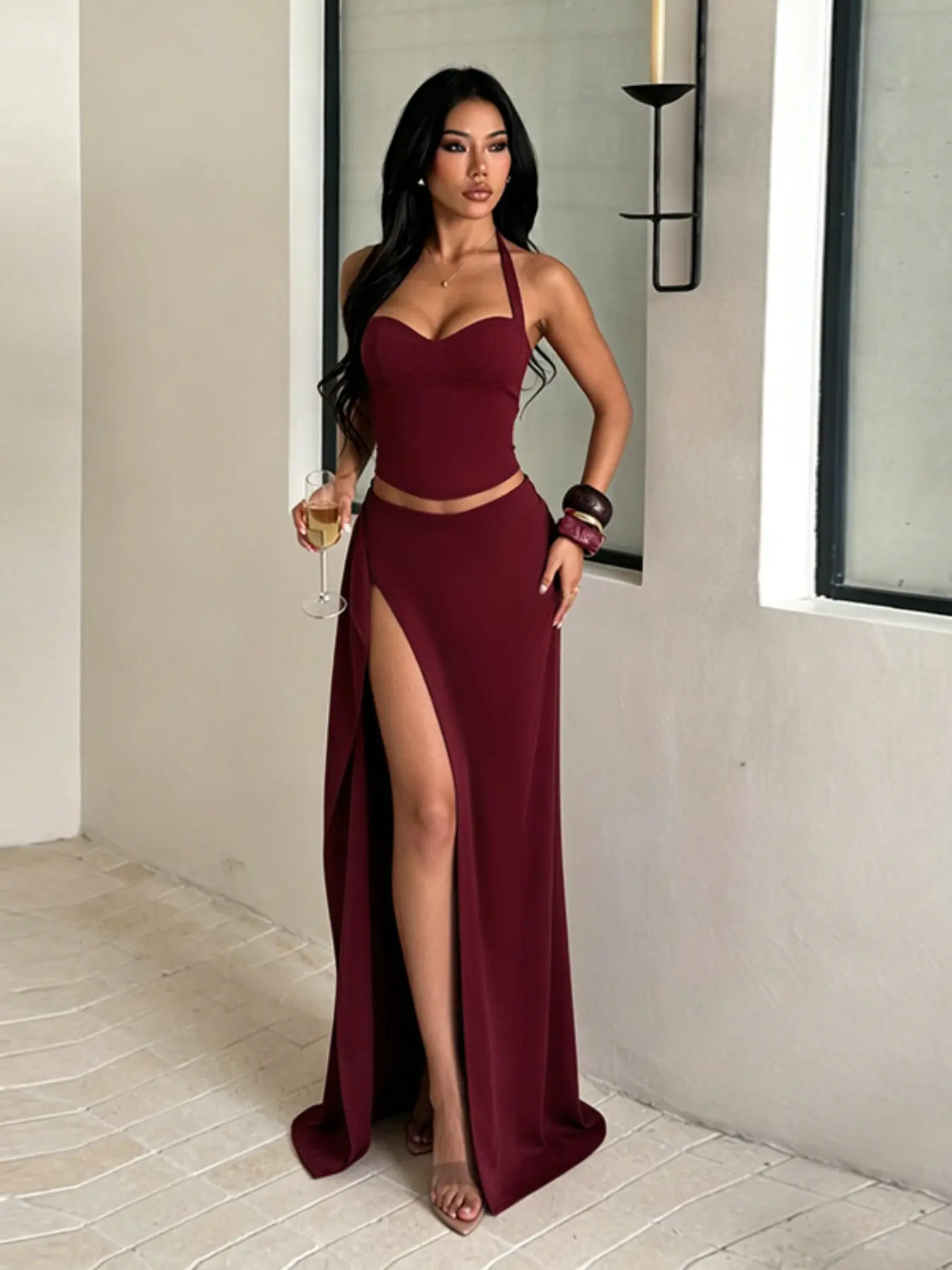 Women's Summer Casual Chic Halter Split Dress Set, Perfect for Daily Outings, Leisure Vacations, Comfortable and Stylish