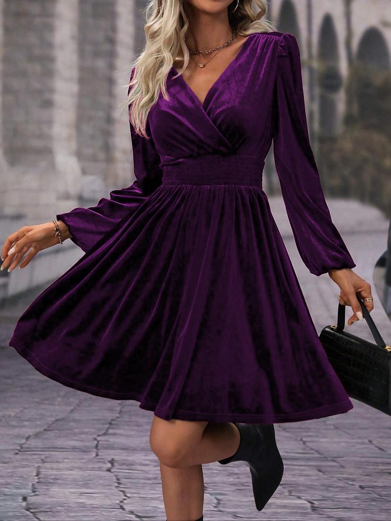 Velvet V Neck Long Sleeve Waist Cinching Solid Color Party Dress Skirt, Perfect for Spring & Fall Valentine's Day, Versatile Elegant Short Skirt