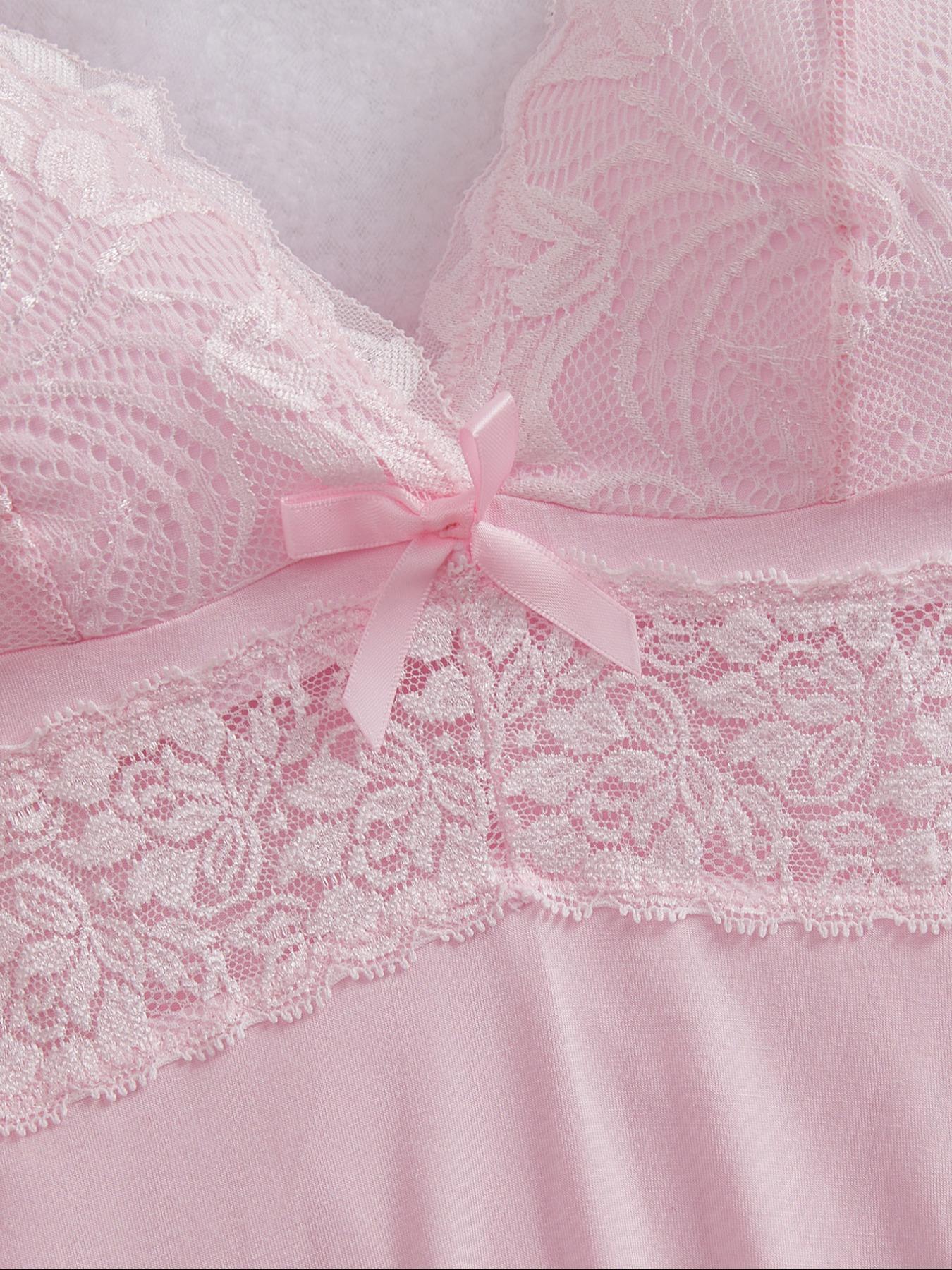 Women's Plain Lace Patchwork Pajama Set, Adjustable Spaghetti Strap V Neck Fitted Camisole & Elastic Waist Shorts PJ Set, Ladies Sleepwear for All Seasons