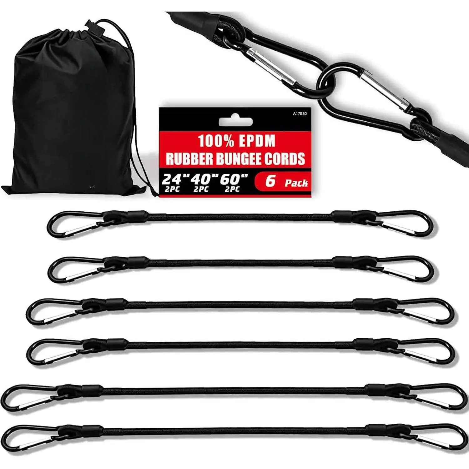 Bungee Cords with Carabiner Hooks, 6 Pack Heavy Duty Long Carabiner Rubber Bungee Cord  Size 24" 40" 60", for Camping, Tarps,  Rack, , Included A Drawstring Bag