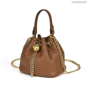 Vintage Vegetable Tanned Leather Bucket Bag, Mini First Layer Cowhide Crossbody Purse, Gold Chain Drawstring Design, Retro Style Shoulder & Handbag for Women, Versatile for Daily & Party Use large capacity adjustable strap
