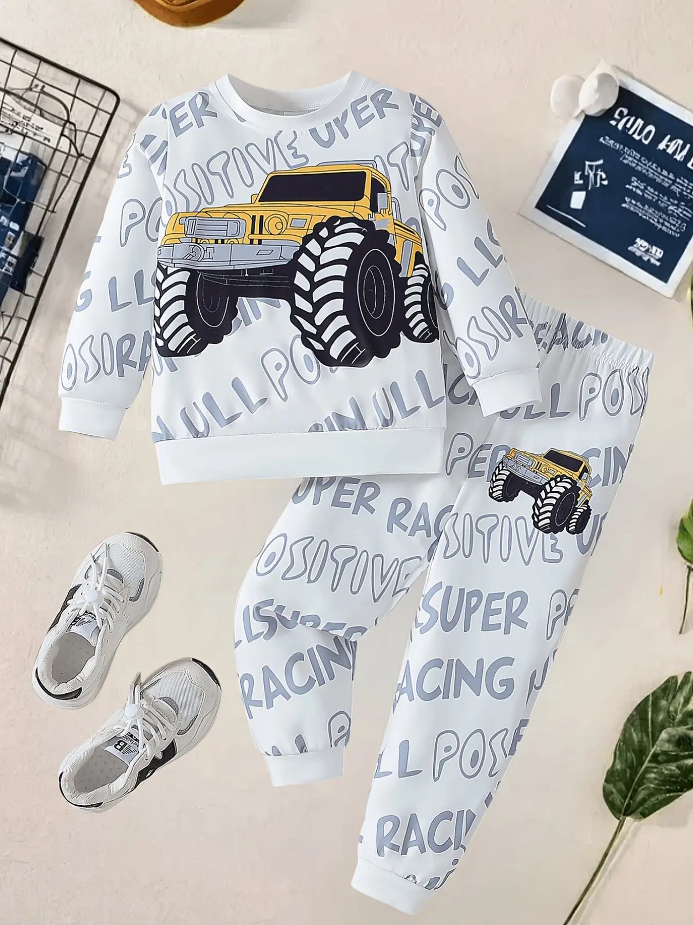 Boys Full Print Monster Truck Racing 2Pcs Tracksuit, All Over Grey Letter Background Crewneck Sweatshirt with Large Yellow Off-Road Buggy Print + Matching Full Print Jogger Pants, Racing Sport Outfit for Sports Day, Park & Beach
