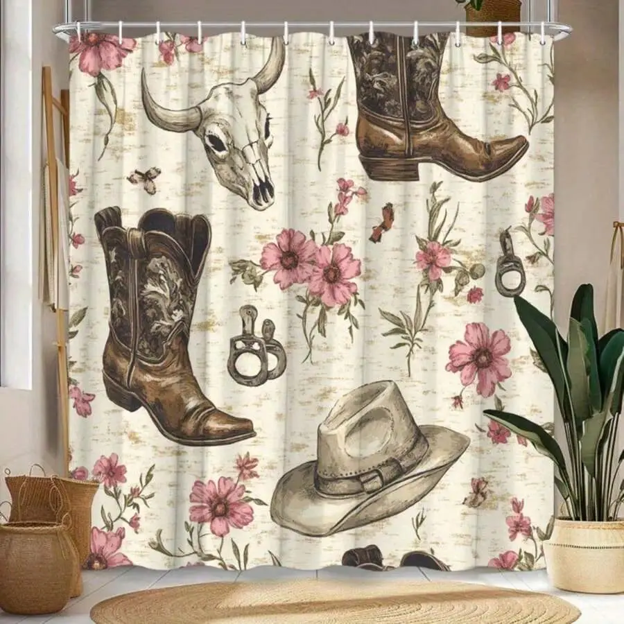 Western Theme Shower Curtain Brown Cowboy Boots Hat Spurs And Steer Skull With Pink Wildflowers Nostalgic Western Bathroom Shower Curtains With Rustproof Mental Grommets Hook Lightweight Bathroom Curtain Decor