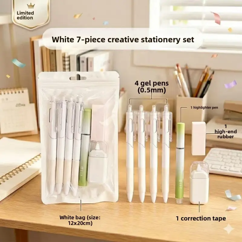 7 Piece Stationery Set Pens Erasers Correction Tape School Supplies for Students Essential Learning Kit Student Essentials
