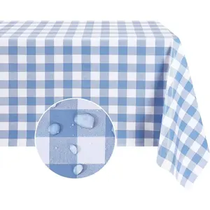 Rectangle Vinyl Tablecloth, 100% Waterproof Buffalo Gingham Plastic Table Cloth, Heavy Duty Wipeable Checkered Table Covers for Outdoor, Camping, Picnic, Patio - 54 x 78, Light Blue