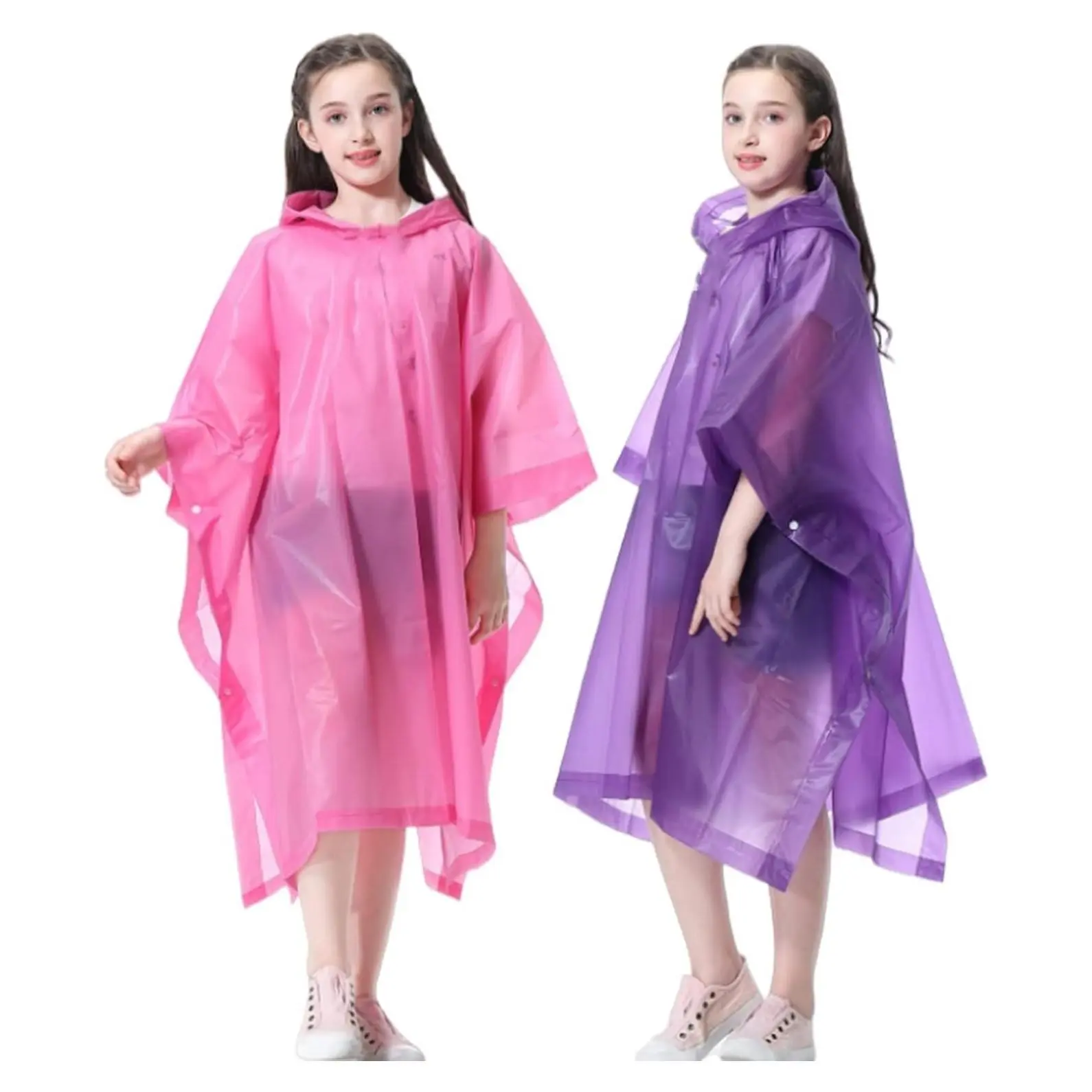 2 Pack Kids Rain Poncho - Reusable EVA Raincoat with Hood for Girls Boys Ages 6-14Gift