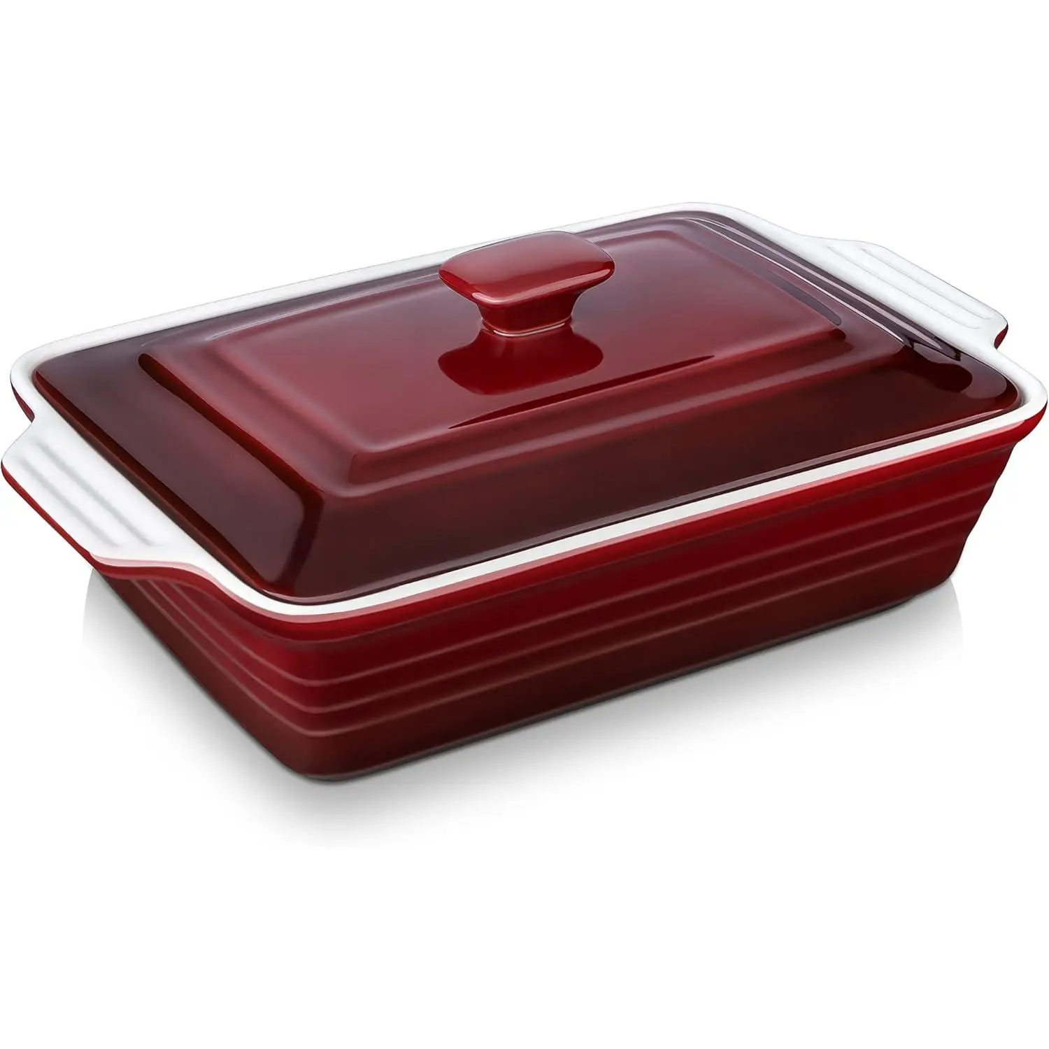 4.5 Quart Ceramic Casserole Dish with Lid, 9x13 Deep Lasagna Pan with Handles, Stoneware Bakeware, Oven & Dishwasher Safe, Gradient Red Baking Dish for Oven