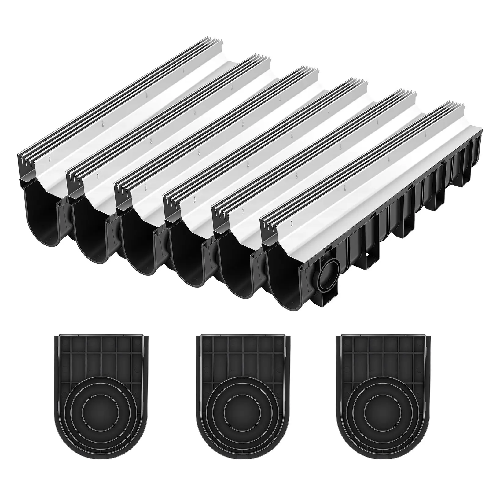 VEVOR 3-Pack Trench Drain System, 39.7x5.8x7.4in HDPE Channel with Stainless Steel Metal Grate, 3 Linear Drain Sections w/Screws & Construction Adhesive, Outdoor Use for Driveway, Pool