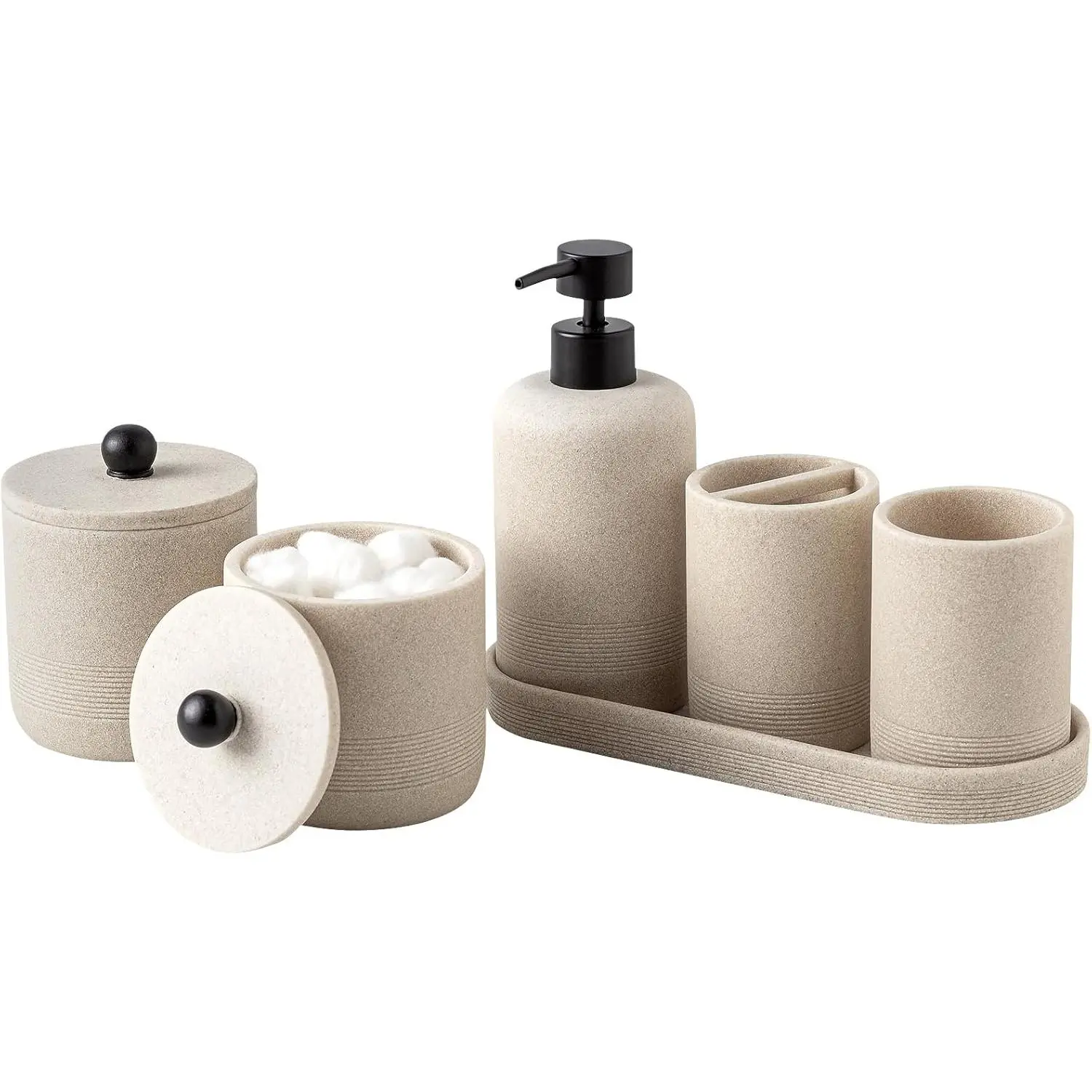 Minimalist Resin 6-PC Compact Countertop Accessories Set with 15.2 oz Leak-Proof Soap Dispenser, Toothbrush Holder, Vanity Tray, Tumbler, 2 Qtip Holders (Beige) for Organization & Bathroom Decor Ideas
