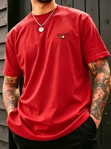 Men's Milano Letter Flag Print Short Sleeve T-Shirt, Comfortable Summer Top, Casual Fitted Design, Geometric Pattern