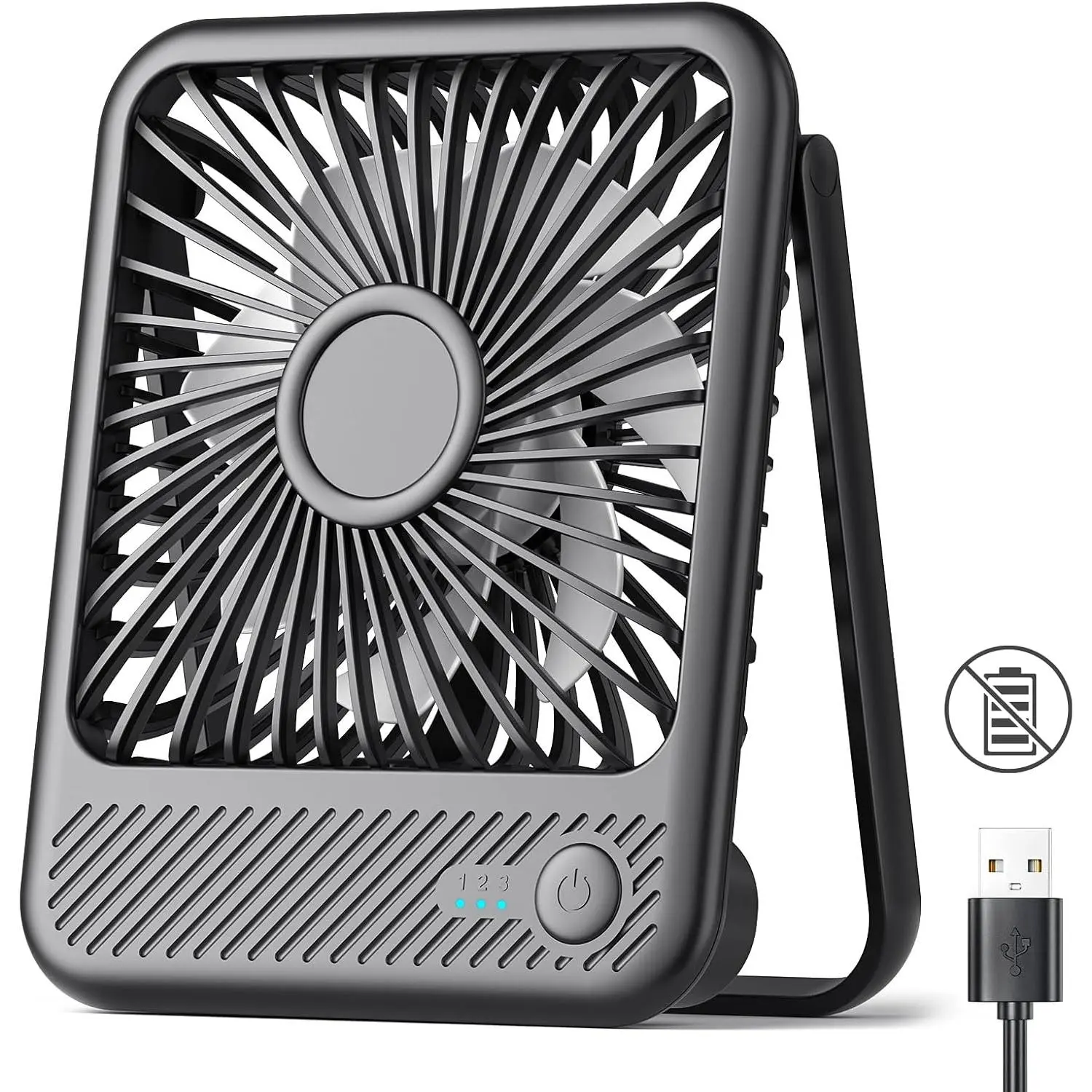 USB Desk Fan,  Wind Ultra Quiet Small Mini Fan | 180° Tilt Folding & 3 Speeds Adjustable, USB-C Corded  Personal Fan for Office Desktop Bedroom, Black, NO